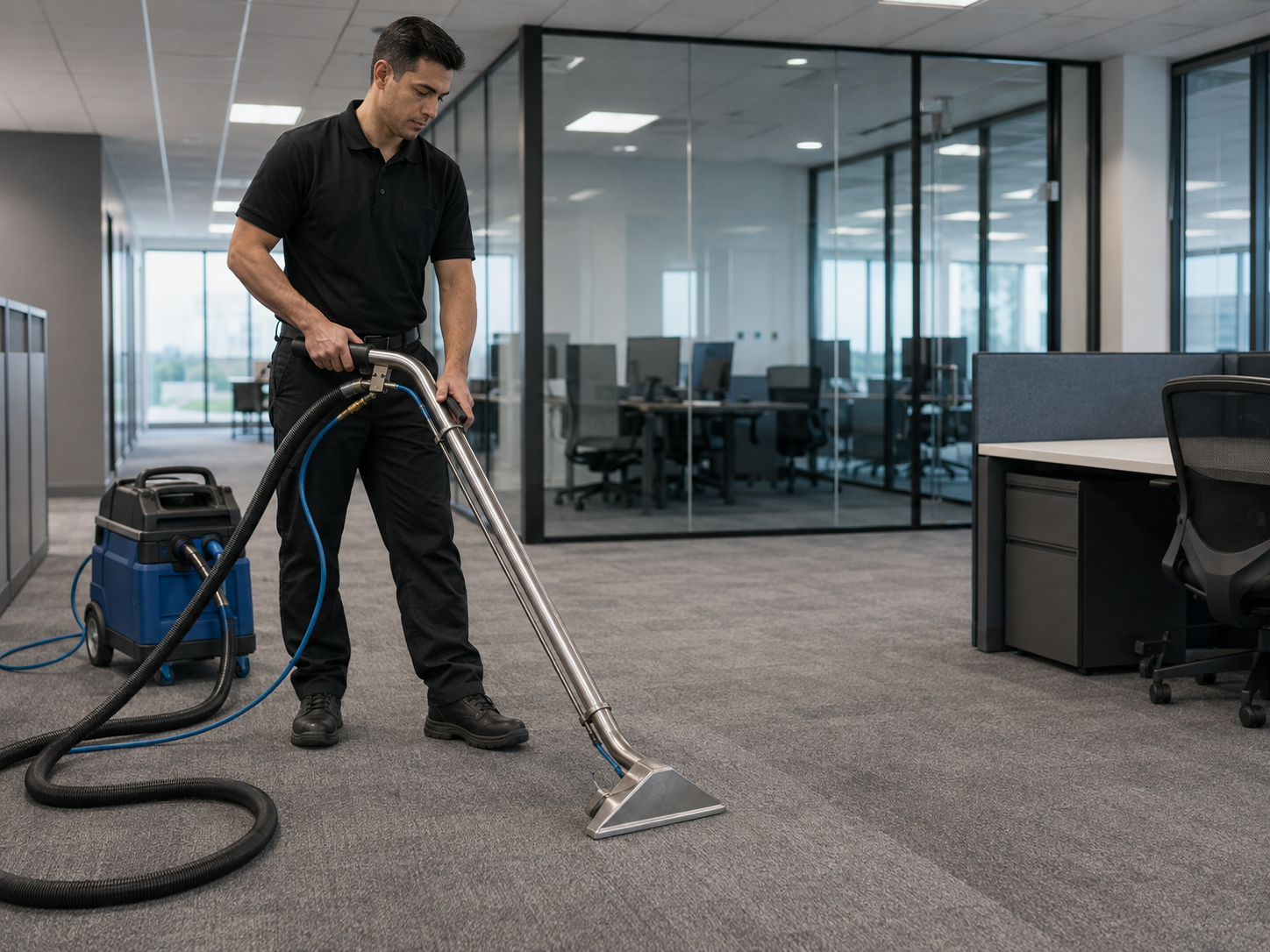 Technician using a professional extraction wand on commercial carpet